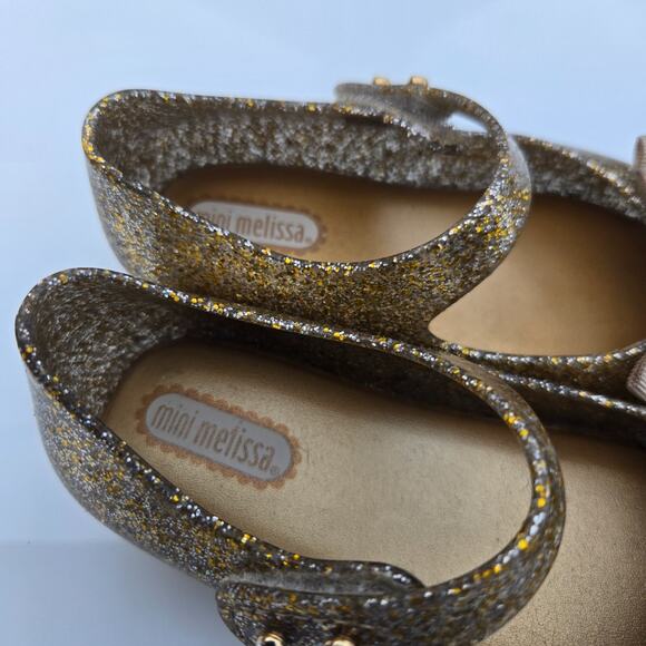 Mini Melissa Shoes Toddler Girls 7 US Mary Jane Bow Peep Gold Glitter - Picture 3 of 5